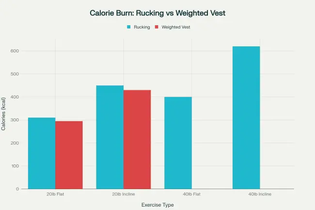 Rucking vs Weighted Vest calorie burn comparison across Load and Incline Scenarios